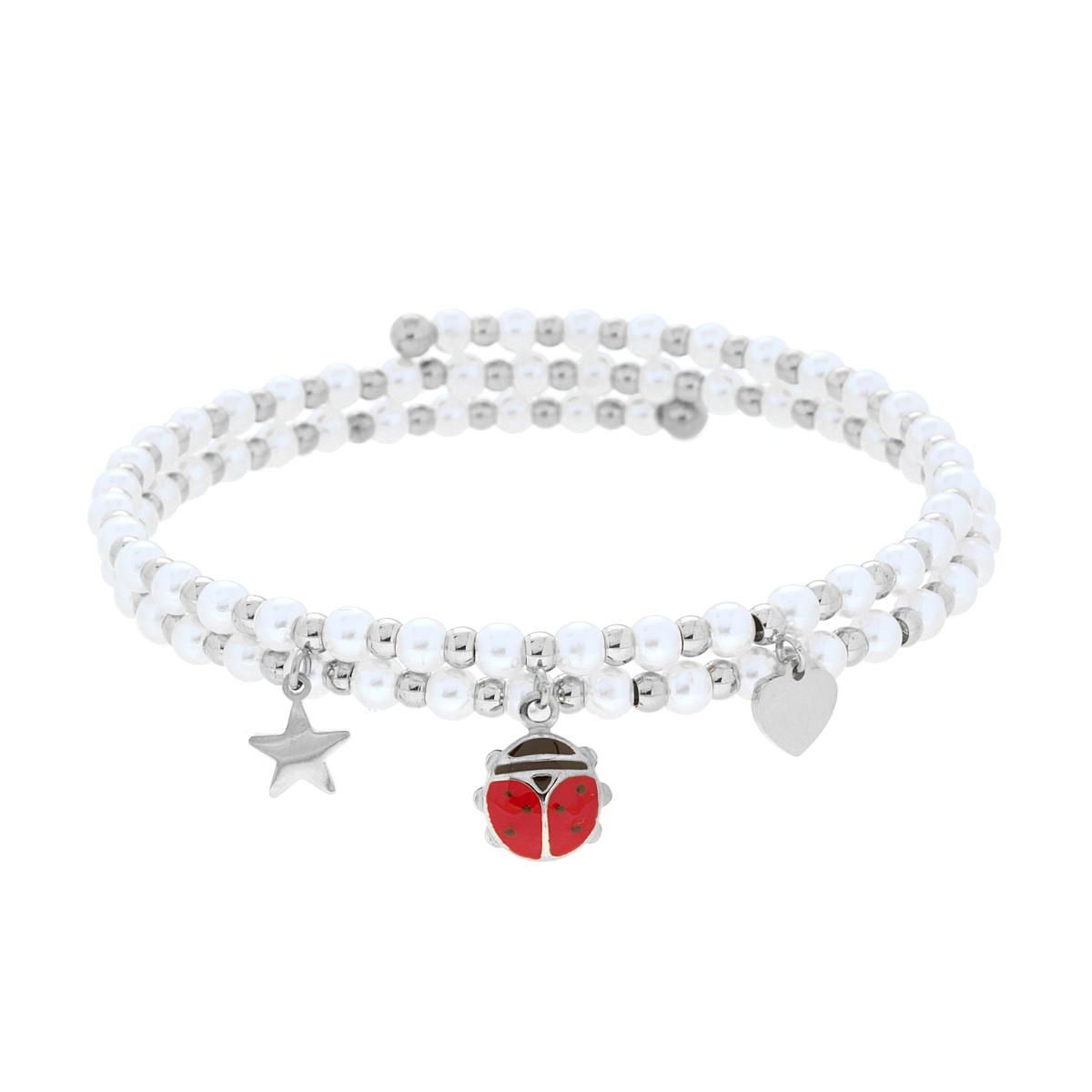Bracciale Semirigido con Perle Palline e Stella Cuore e Coccinella pendenti con Smalto Rosso in ACCIAIO
