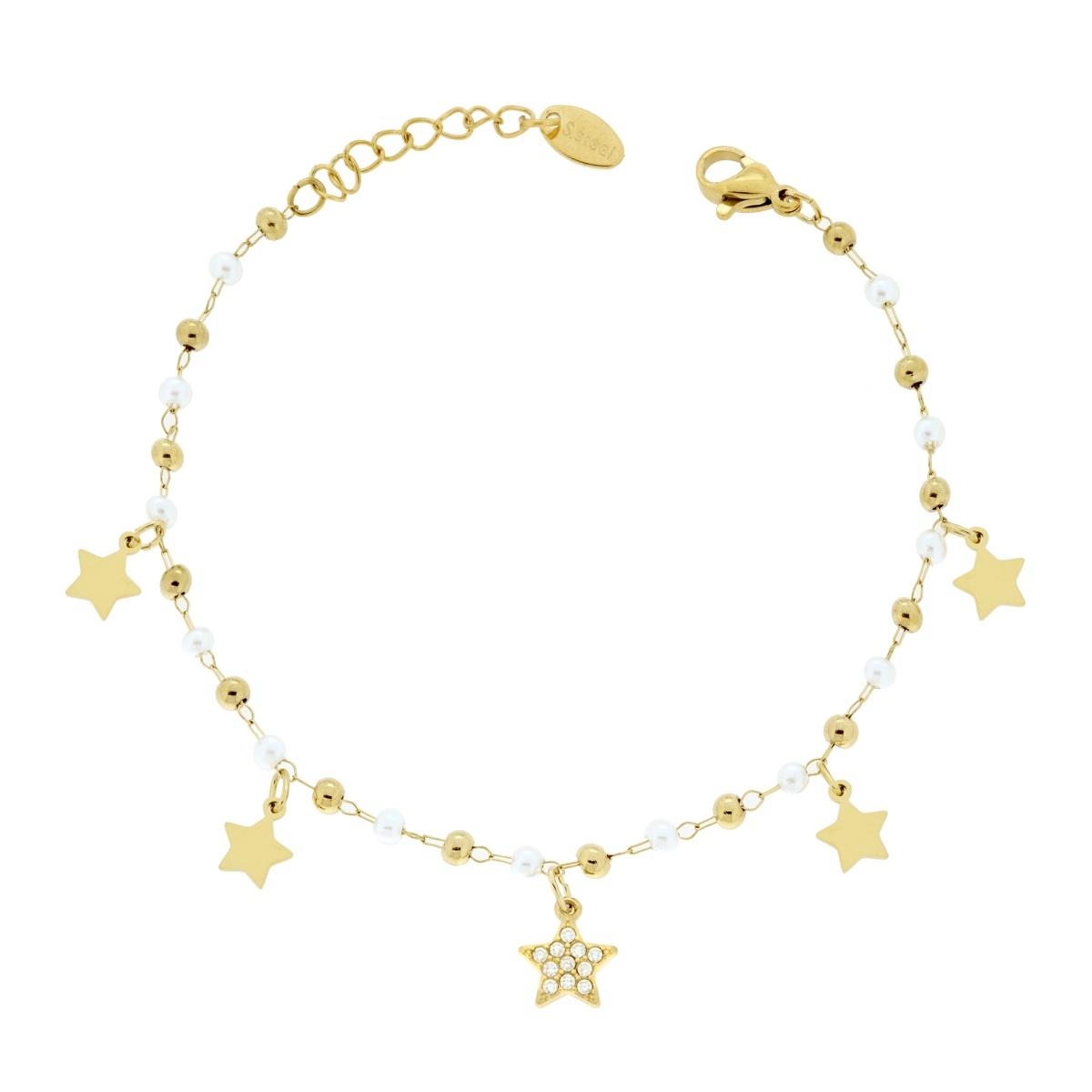 Bracciale Catena Forzatina Diamantata con Perle Palline e Stelle pendenti con Crystal Bianchi in ACCIAIO colore Oro