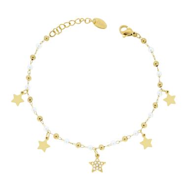 Bracciale Catena Forzatina Diamantata con Perle Palline e Stelle pendenti con Crystal Bianchi in ACCIAIO colore Oro