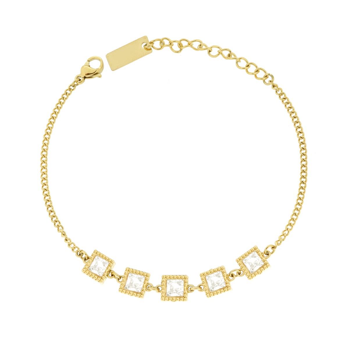 Bracciale con Catena Grumetta e Quadrati e Crystal Carre Bianchi in ACCIAIO colore Oro