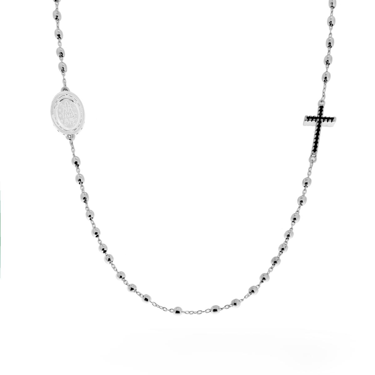 Collana Rosario modello Girocollo cm 46+4 con Grani a pallina liscia mm 2.5 e Zirconi Bianchi in ARGENTO 925 Galvanica Rodio