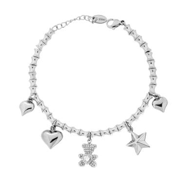 Bracciale Catena con Cilindri concavi con Charms Cuore e Orsacchiotto con Crystal Bianchi in ACCIAIO