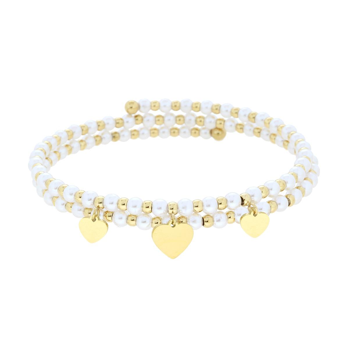 Bracciale Semirigido con Perle Palline e Cuori plain pendenti in ACCIAIO colore Oro