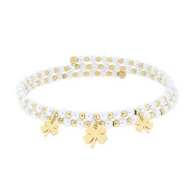 Bracciale Semirigido con Perle Palline e Quadrifogli plain pendenti in ACCIAIO colore Oro