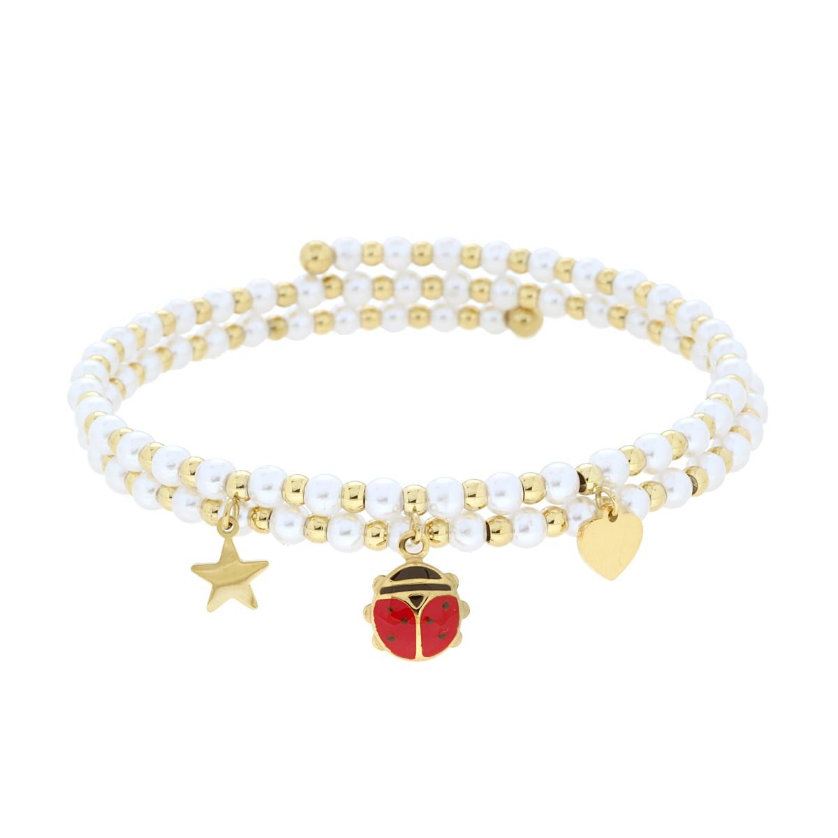 Bracciale Semirigido con Perle Palline e Stella Cuore e Coccinella pendenti con Smalto Rosso in ACCIAIO colore Oro