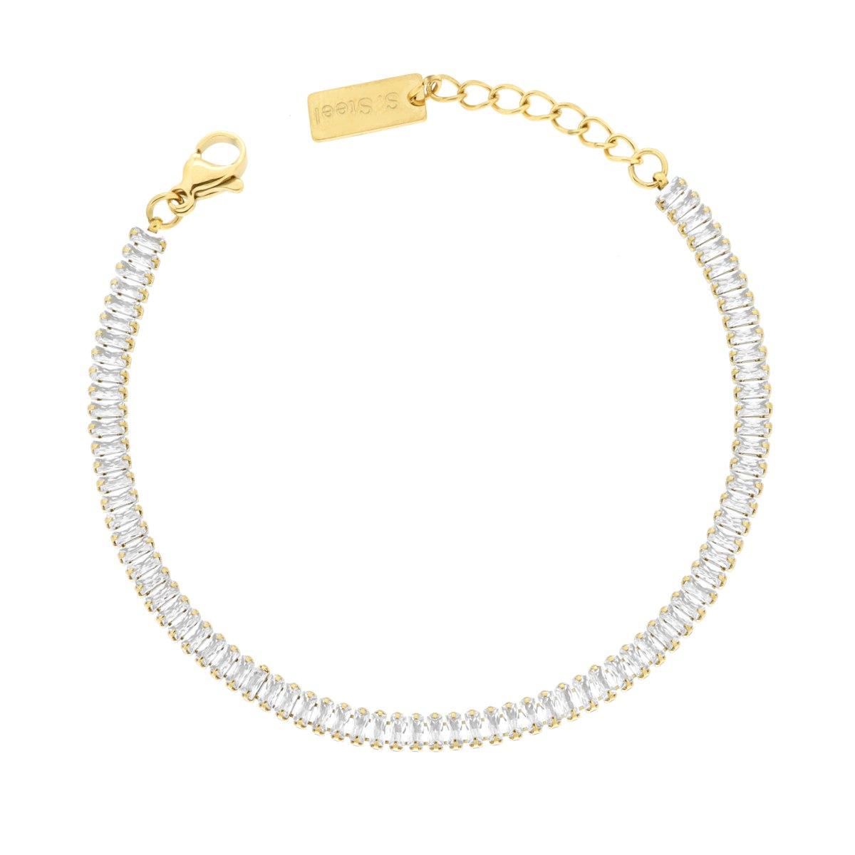 Bracciale Tennis con Crystal Baguette Bianchi in ACCIAIO colore Oro