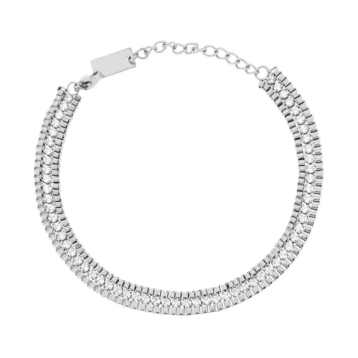 Bracciale due fili Catena Veneziana Diamantata e Tennis con Crystal Bianchi in ACCIAIO