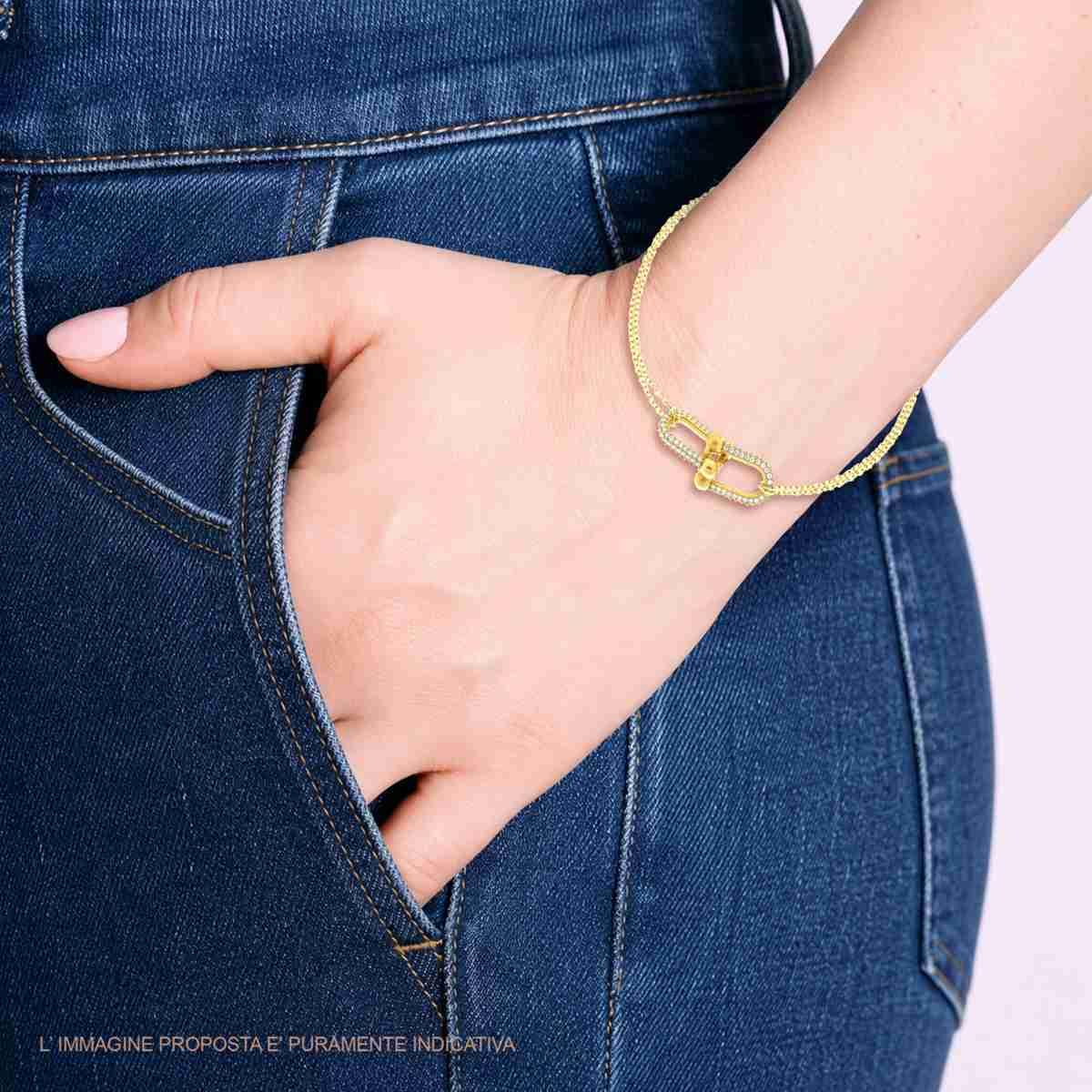 Bracciale due fili Catena Forzatina Diamantata con Maglia Industriale centrale e Crystal Bianchi in ACCIAIO colore Oro