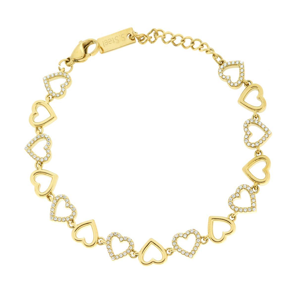 Bracciale Catena Cuori con Crystal Bianchi in ACCIAIO colore Oro