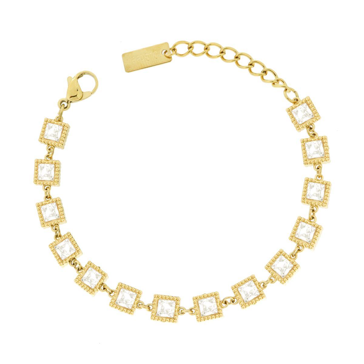 Bracciale con Quadrati e Crystal Carre Bianchi in ACCIAIO colore Oro