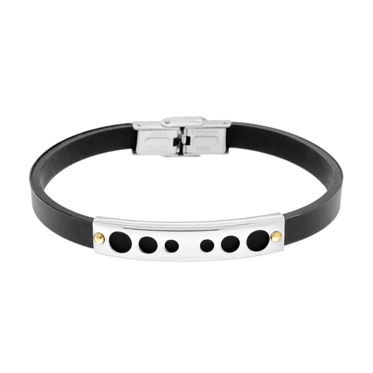 Bracciale Uomo in Caucciu Nero con Targa Decoro Geometrico e Punti colore Oro in ACCIAIO