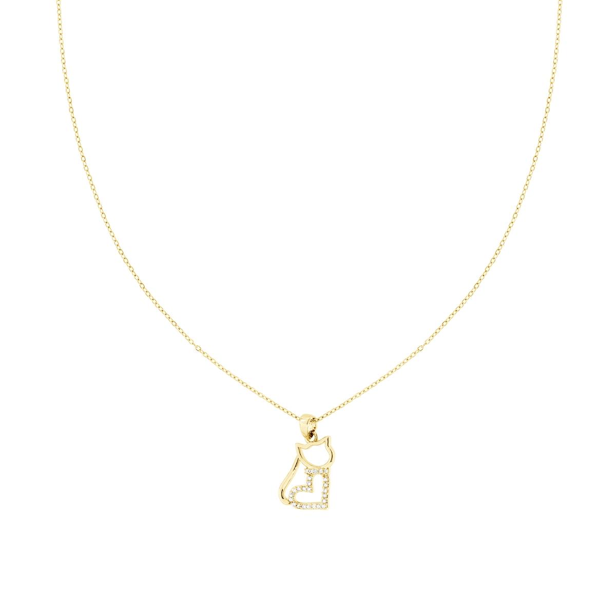 Collana Catena Forzatina Diamantata con Gatto Cuore e Crystal Bianchi in ACCIAIO colore Oro