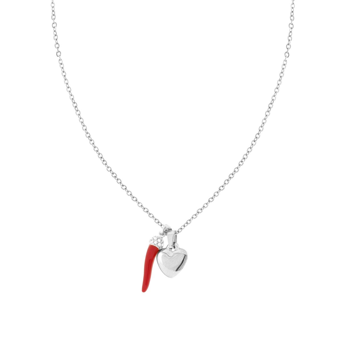Collana Catena Forzatina Diamantata con Cuore Bombato e Corno Rosso Cubic Zirconia Bianchi in ACCIAIO e OTTONE