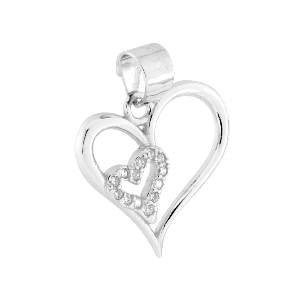 Ciondolo doppio Cuore con Cubic Zirconia Bianchi in ARGENTO 925 Galvanica Rodio