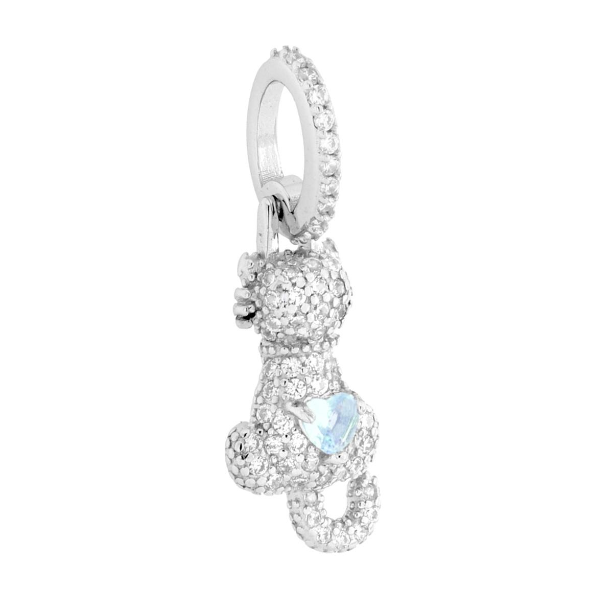 Ciondolo Gatto con Cuore Acquamarina e Cubic Zirconia Bianchi in ARGENTO 925 Galvanica Rodio
