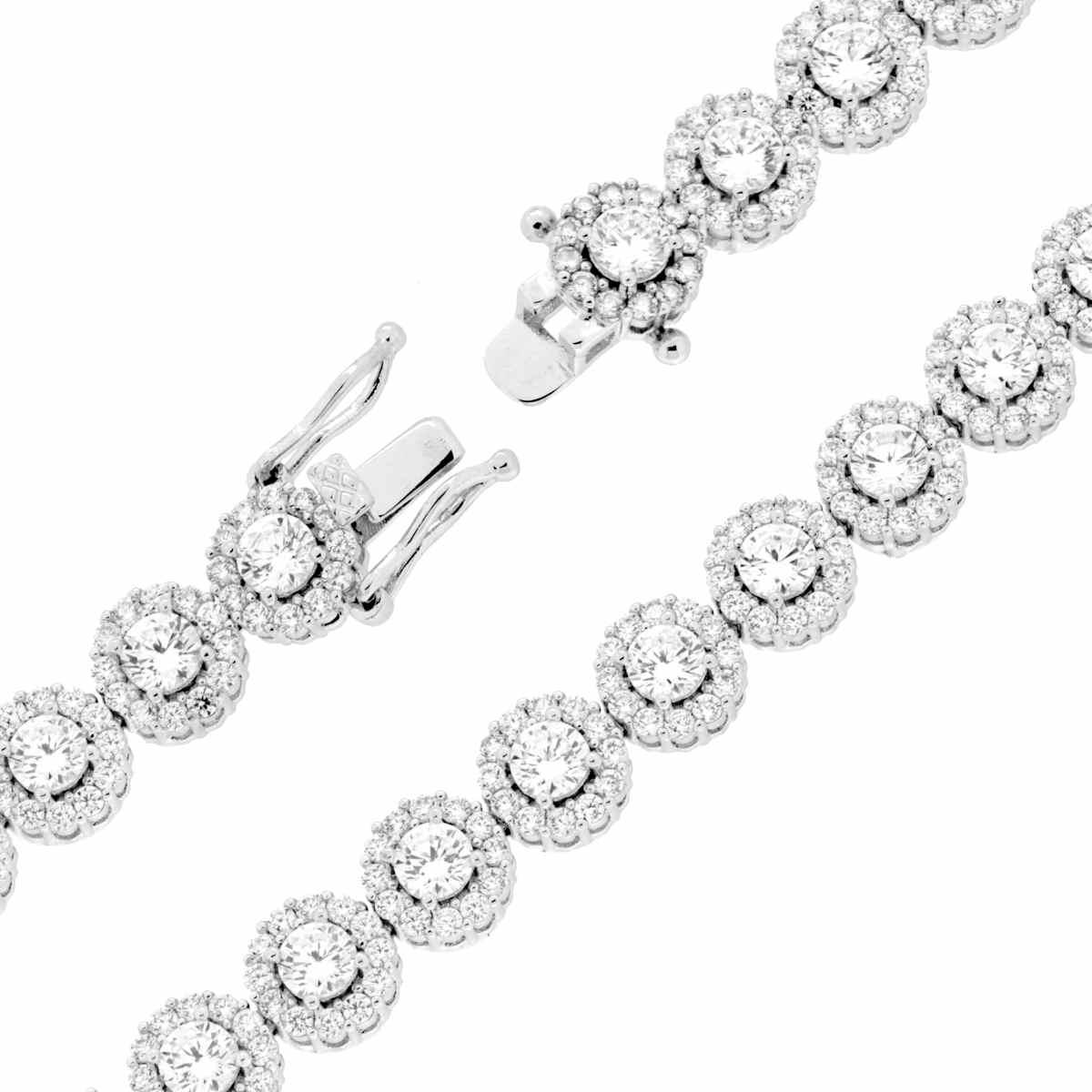 Bracciale Tennis cm 18 Tondi Cubic Zirconia Bianco contornato da Cubic Zirconia Bianchi in OTTONE Galvanica Rodio