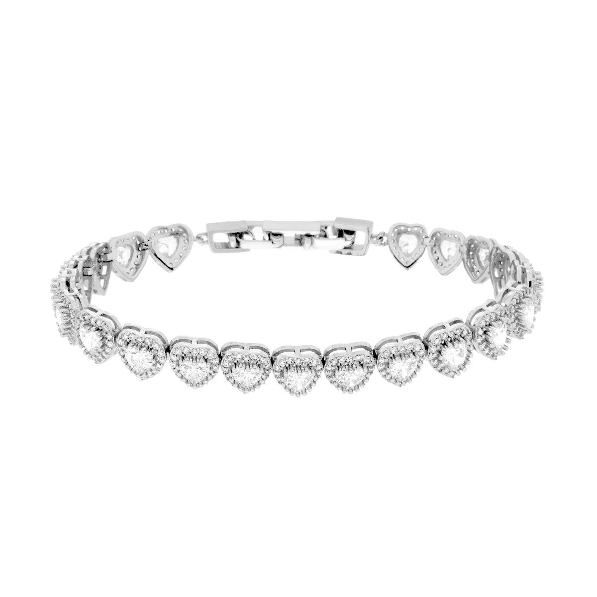 Bracciale Tennis cm 17+1 Cuore Cubic Zirconia Bianco contornato da Cubic Zirconia Bianchi in OTTONE Galvanica Rodio