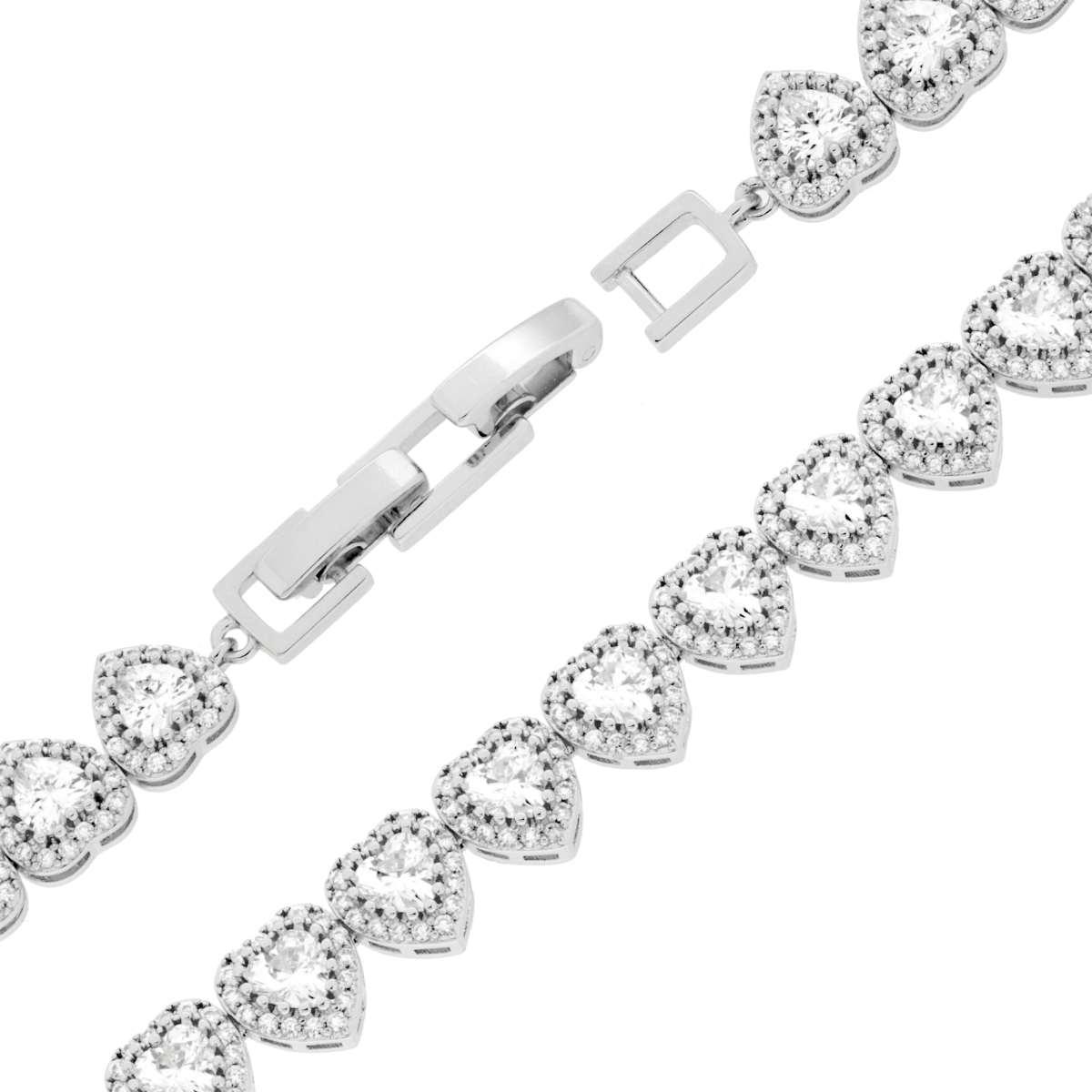 Bracciale Tennis cm 17+1 Cuore Cubic Zirconia Bianco contornato da Cubic Zirconia Bianchi in OTTONE Galvanica Rodio
