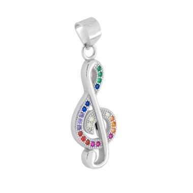Ciondolo Chiave di Violino con Cubic Zirconia Multicolor Rainbow in ARGENTO 925 Galvanica Rodio
