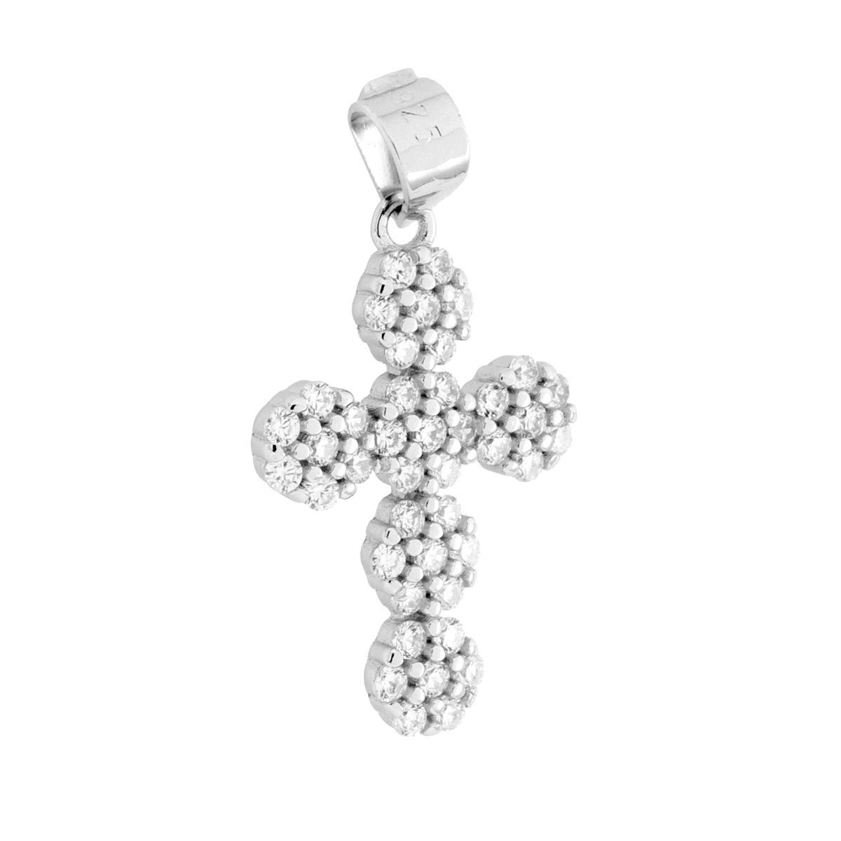 Ciondolo Croce con Fiori Cubic Zirconia Bianchi in ARGENTO 925 Galvanica Rodio