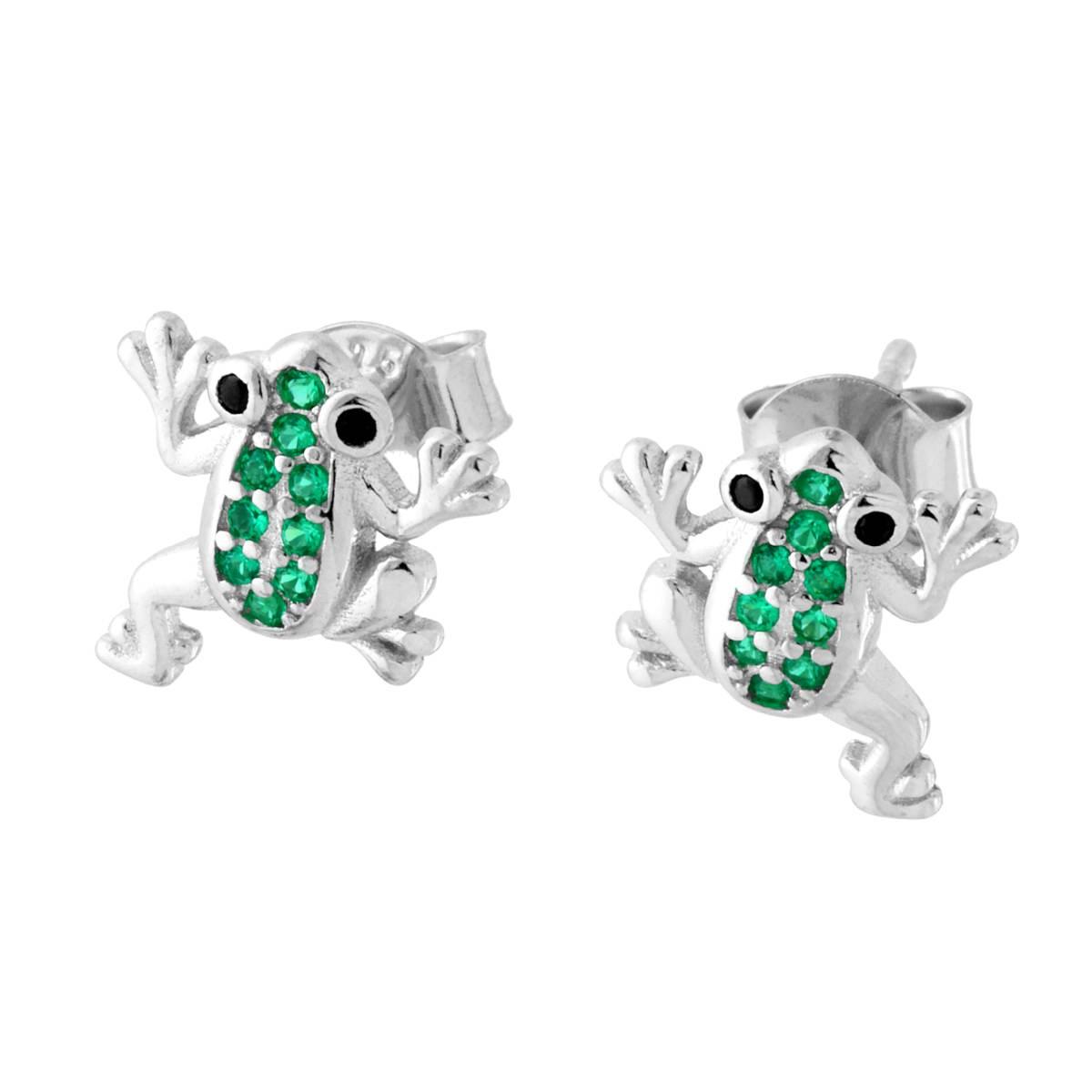 Orecchini Rana con Cubic Zirconia Verde Smeraldo in ARGENTO 925 Galvanica Rodio