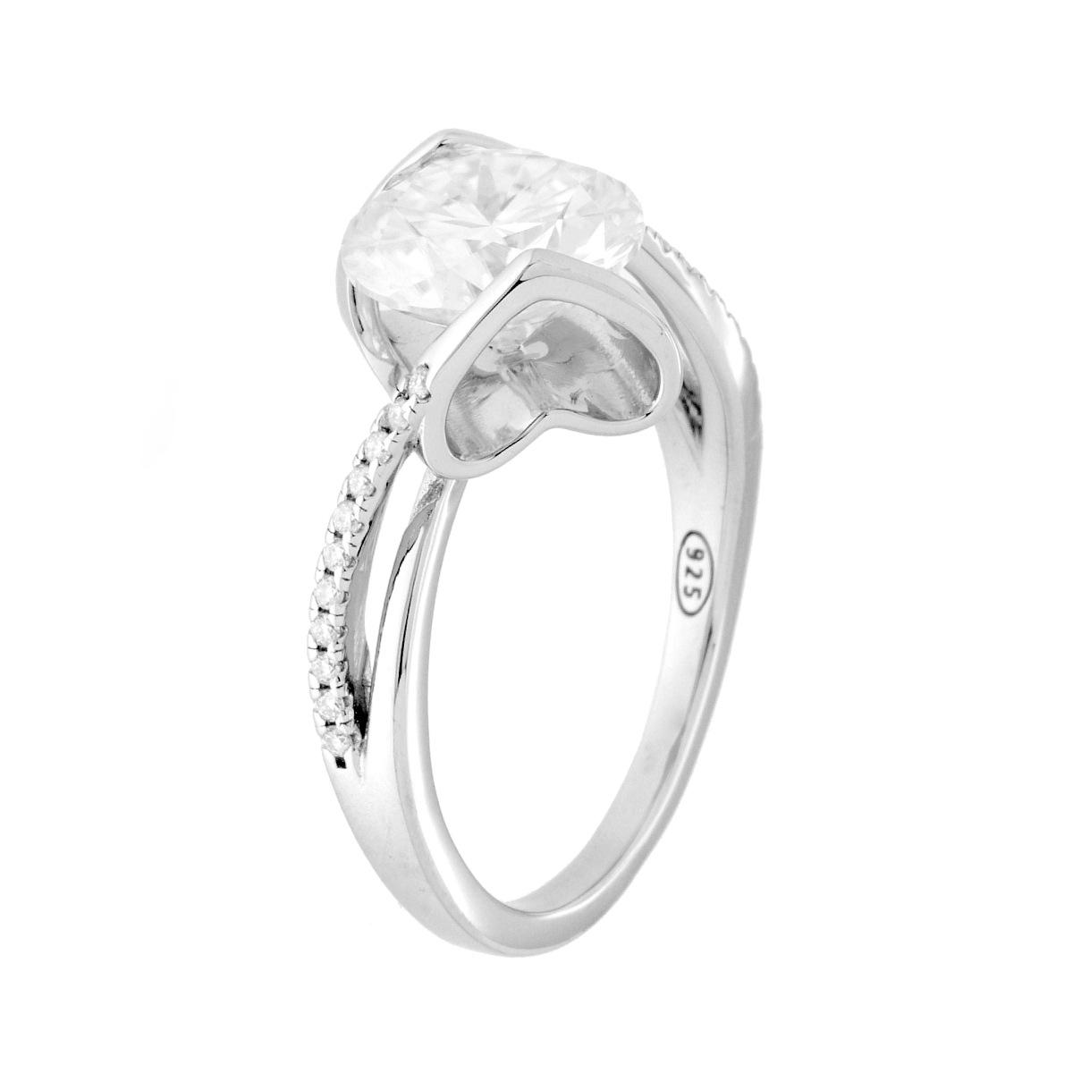 Anello Solitario con MOISSANITE Bianco mm 9 con Cuori in ARGENTO 925 Galvanica Rodio
