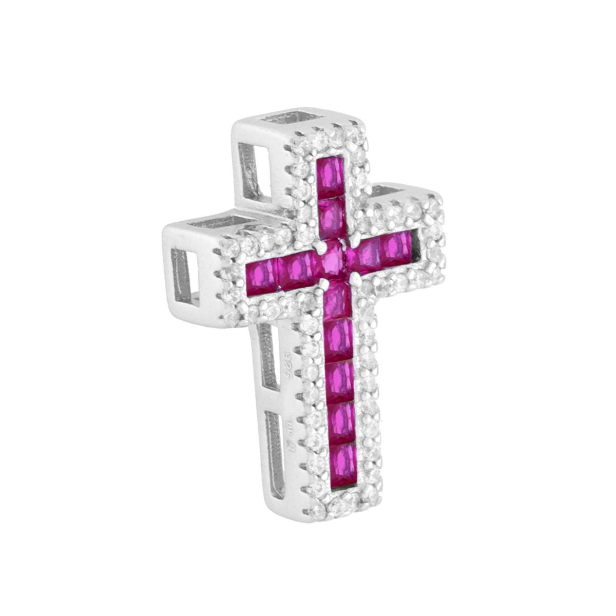 Ciondolo Croce Passante con Cubic Zirconia Rosso Rubino in ARGENTO 925 Galvanica Rodio