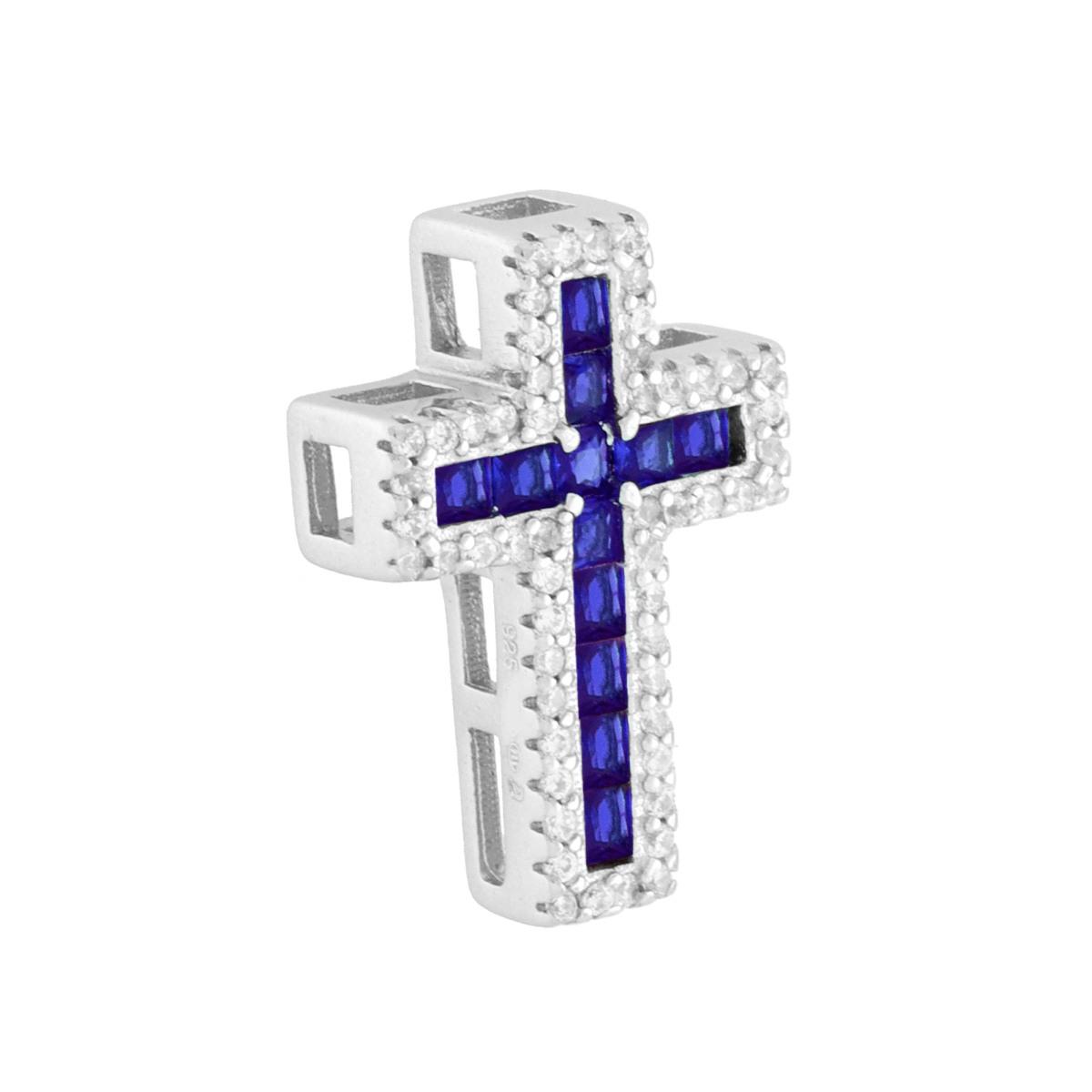 Ciondolo Croce Passante con Cubic Zirconia Blu Zaffiro in ARGENTO 925 Galvanica Rodio