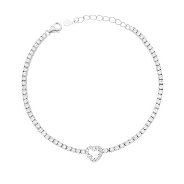 Bracciale Tennis Griffe cm 17+3 con Cubic Zirconia mm 2 Cuore centrale Bianco contornato da Cubic Zirconia Bianchi in RAME Galvanica Rodio