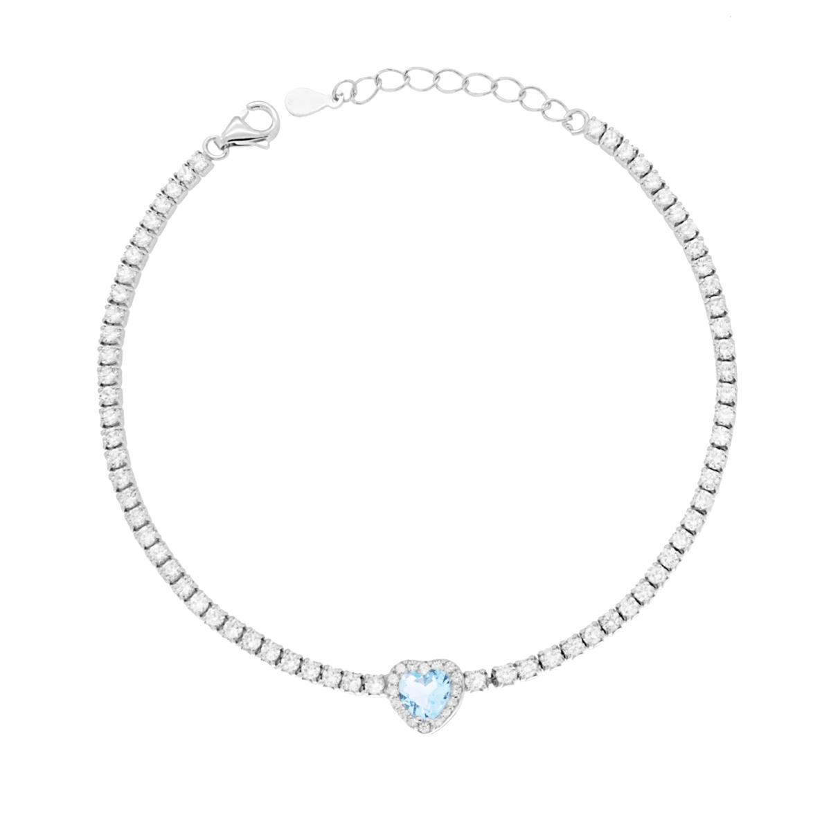 Bracciale Tennis Griffe cm 17+3 con Cubic Zirconia mm 2 Cuore centrale Acquamarina contornato da Cubic Zirconia Bianchi in RAME Galvanica Rodio