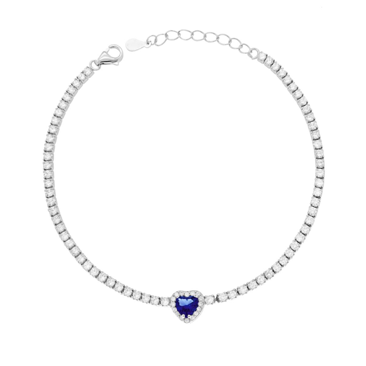 Bracciale Tennis Griffe cm 17+3 con Cubic Zirconia mm 2 Cuore centrale Blu Zaffiro contornato da Cubic Zirconia Bianchi in RAME Galvanica Rodio