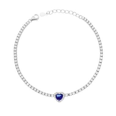 Bracciale Tennis Griffe cm 17+3 con Cubic Zirconia mm 2 Cuore centrale Blu Zaffiro contornato da Cubic Zirconia Bianchi in RAME Galvanica Rodio