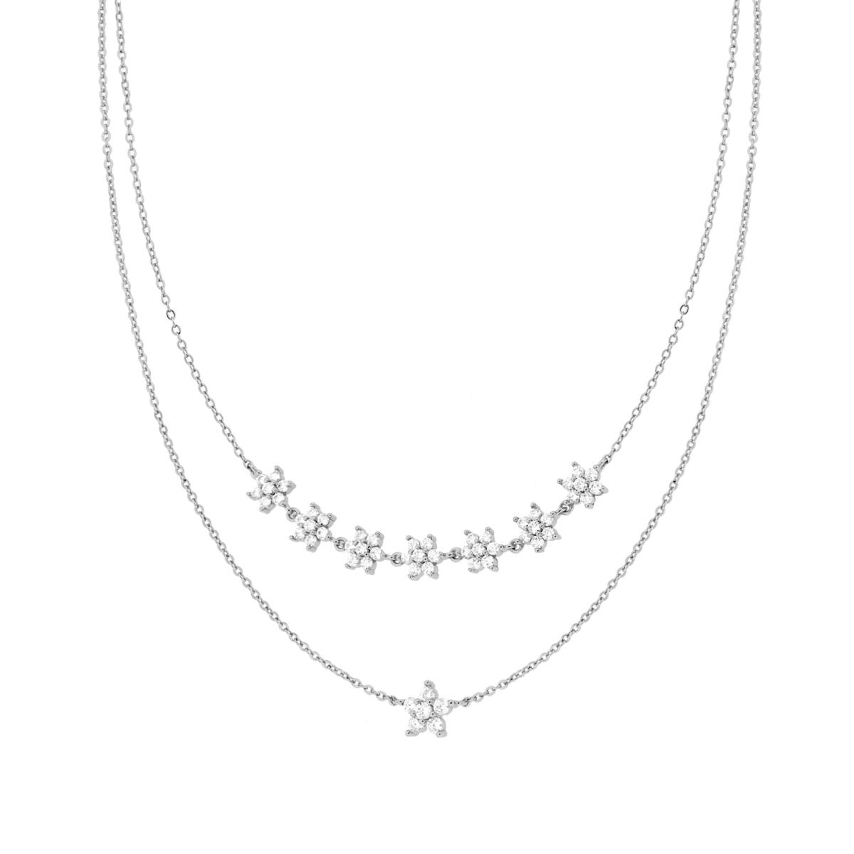 Collana due fili Catena Forzatina Diamantata con Fiori e Cubic Zirconia Bianchi in RAME Galvanica Rodio