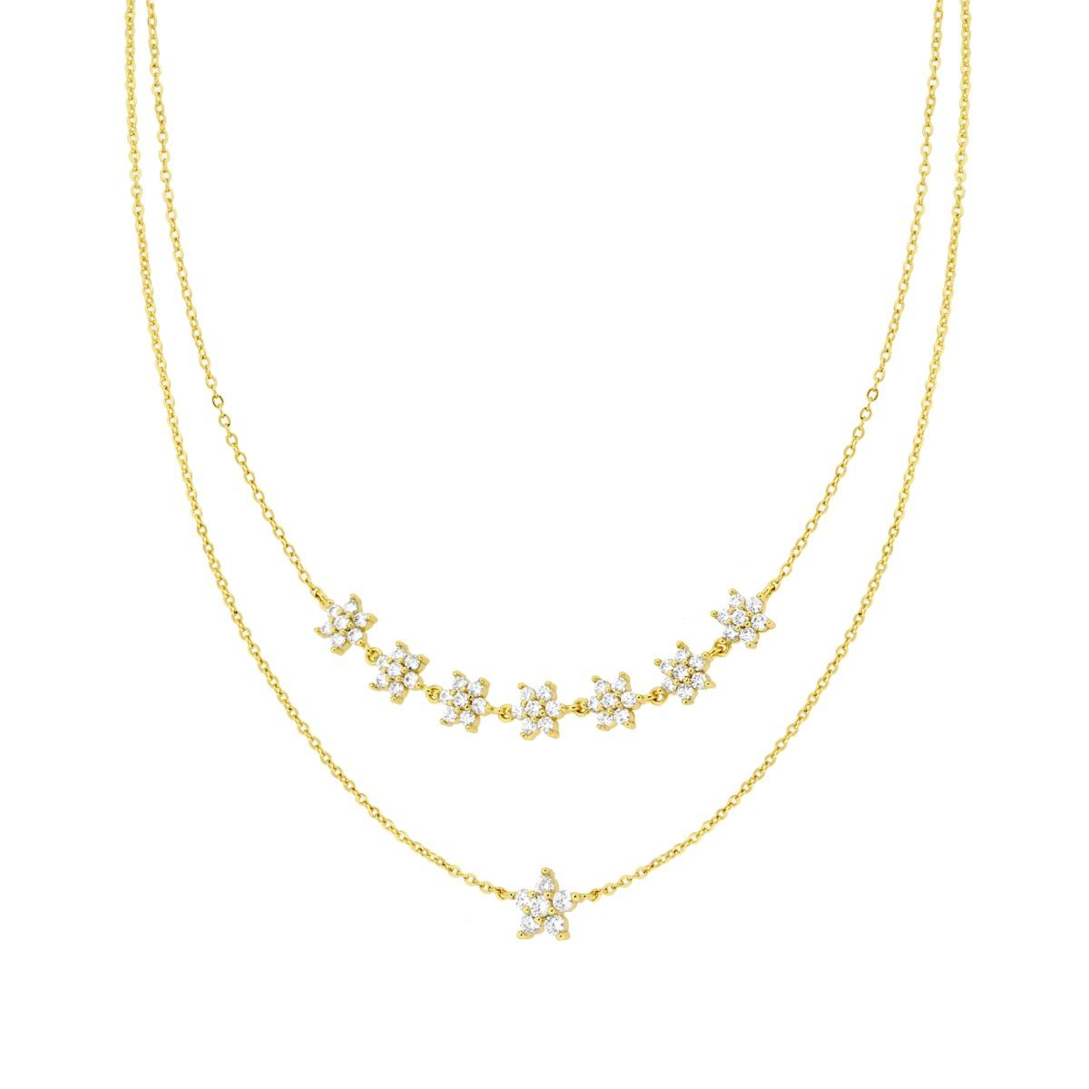 Collana due fili Catena Forzatina Diamantata con Fiori e Cubic Zirconia Bianchi in RAME Galvanica Oro