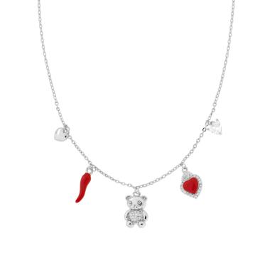 Collana Catena Forzatina Diamantata e Charms Portafortuna con Smalto Rosso e Cubic Zirconia Bianchi in RAME Galvanica Rodio