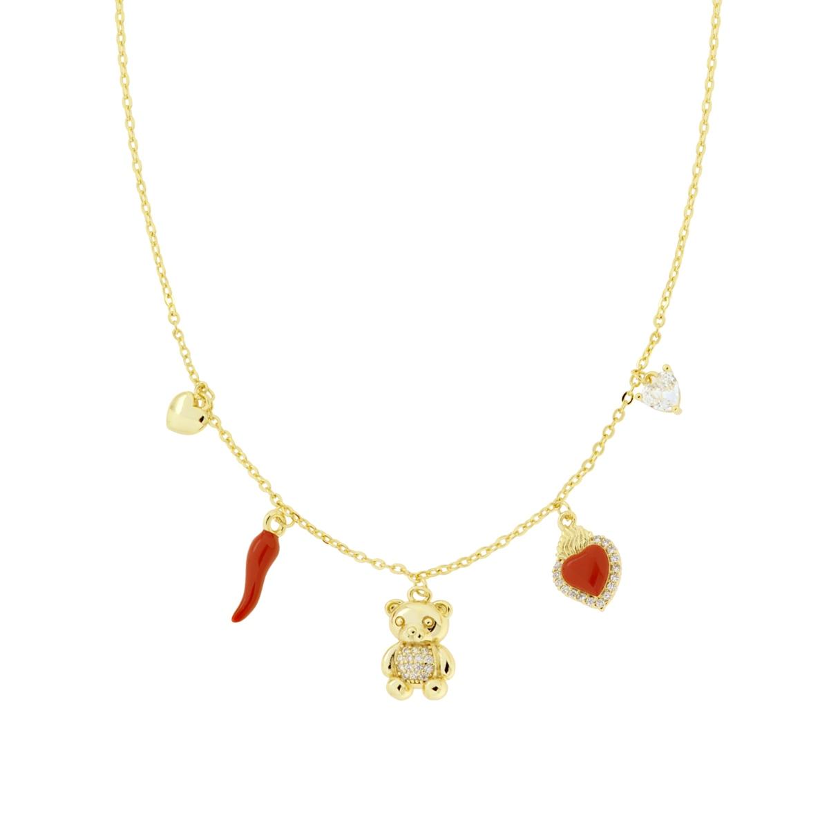 Collana Catena Forzatina Diamantata e Charms Portafortuna con Smalto Rosso e Cubic Zirconia Bianchi in RAME Galvanica Oro