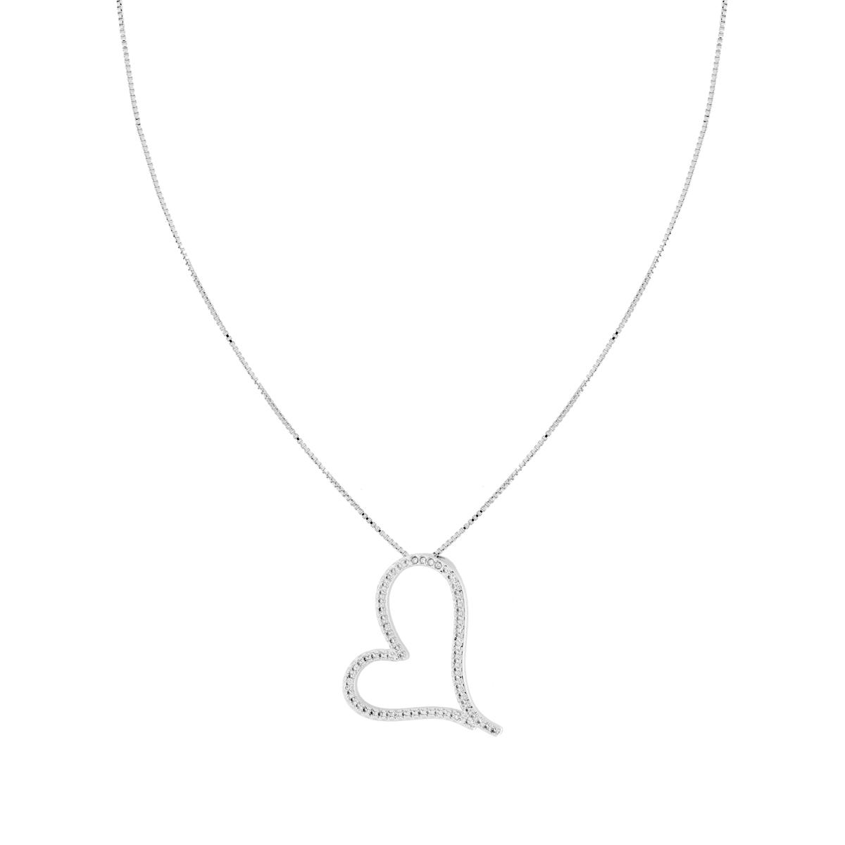 Collana Catena Veneziana Diamantata con Cuore e Cubic Zirconia Bianchi in RAME Galvanica Rodio