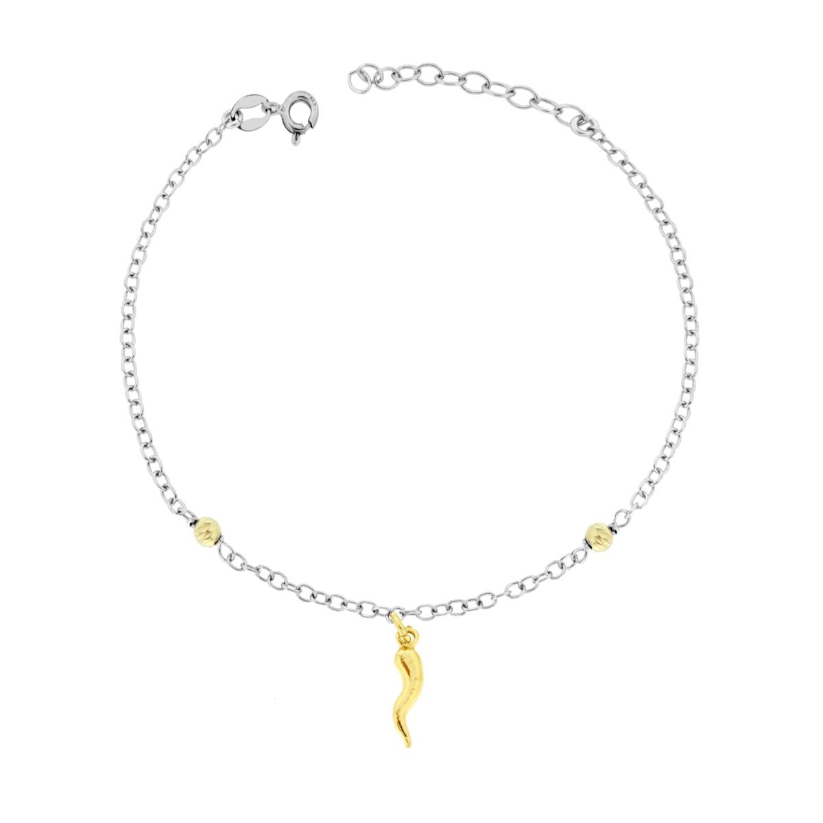 Bracciale Catena Forzatina con Palline Slash e con Corno in ARGENTO 925 Galvanica Rodio e Oro
