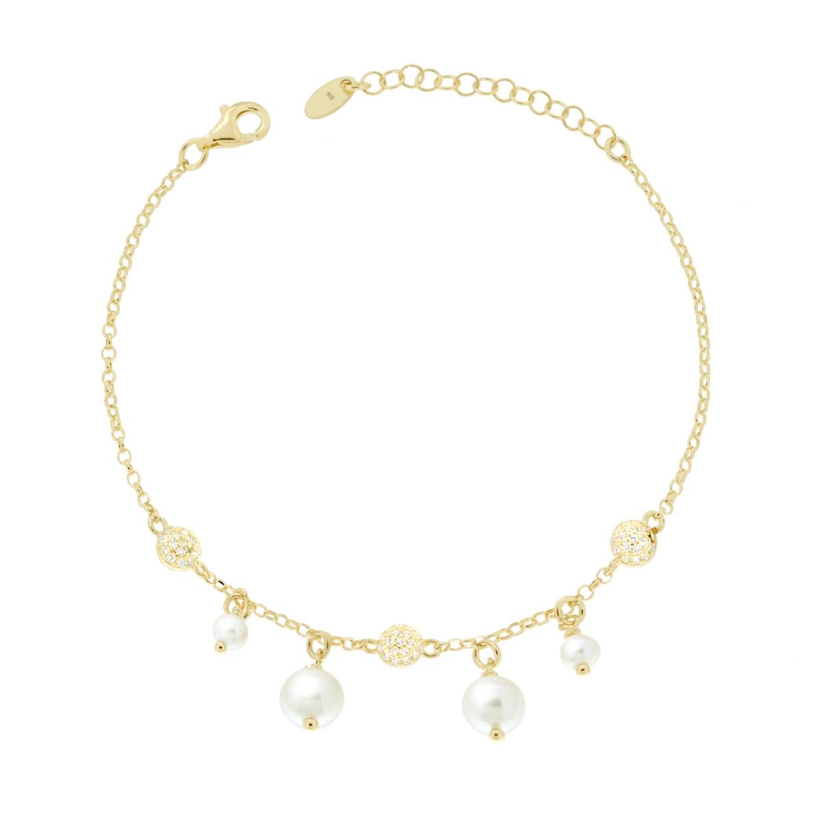 Bracciale Catena Forzatina Diamantata con Perle in Vetro Perlato e Cubic Zirconia Bianchi in ARGENTO 925 Galvanica Oro