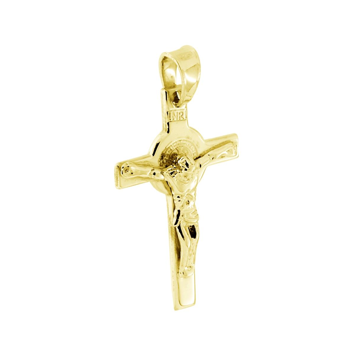 Ciondolo Croce Latina San Benedetto con Cristo in ARGENTO 925 Galvanica Oro