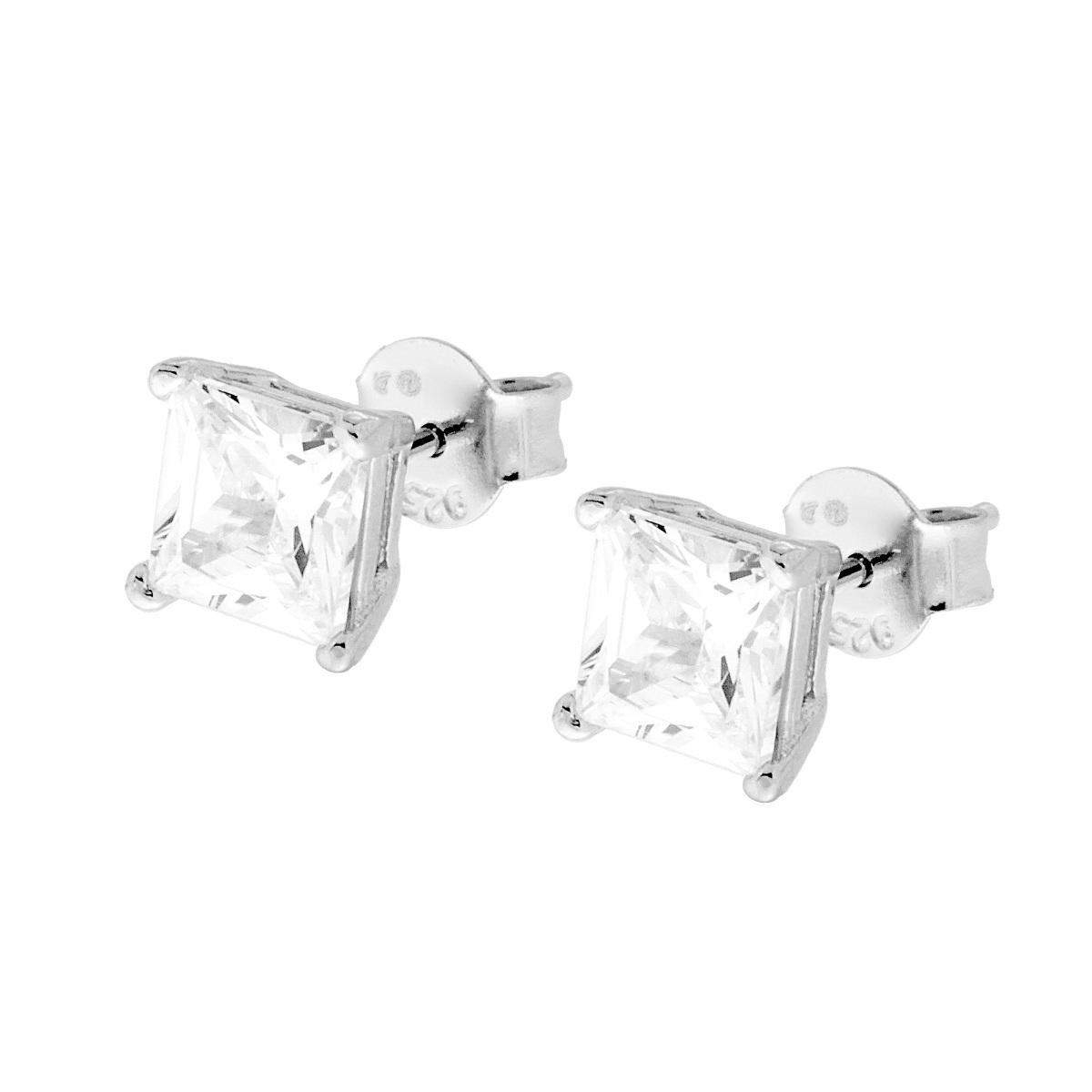 Orecchini Punto Luce Quadrato con Zircone Bianco mm 6 in ARGENTO 925 Galvanica Rodio