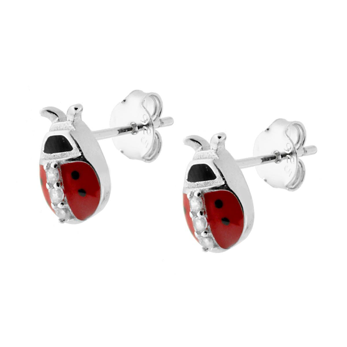 Orecchini Coccinella con Smalto Rosso e pois Neri con Zirconi Bianchi centrali in ARGENTO 925 Galvanica Rodio