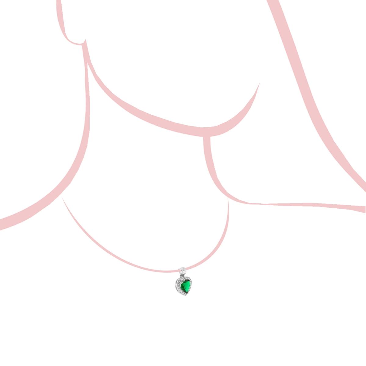 Ciondolo a forma di Cuore con Zircone Verde Smeraldo contornato con Zirconi Bianchi in ARGENTO 925 Galvanica Rodio