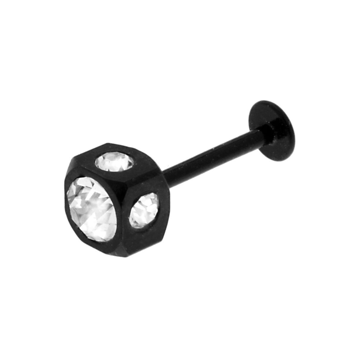 Body Piercing Labret Nero mm 15 con Cubo mm 5 e Crystal Bianchi in ACCIAIO Chirurgico