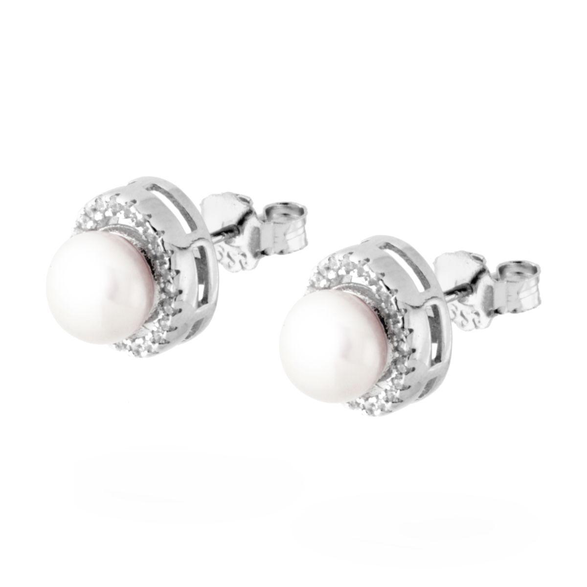 Orecchini Ovali con Perla di fiume e Zirconi Bianchi in ARGENTO 925 Galvanica Rodio