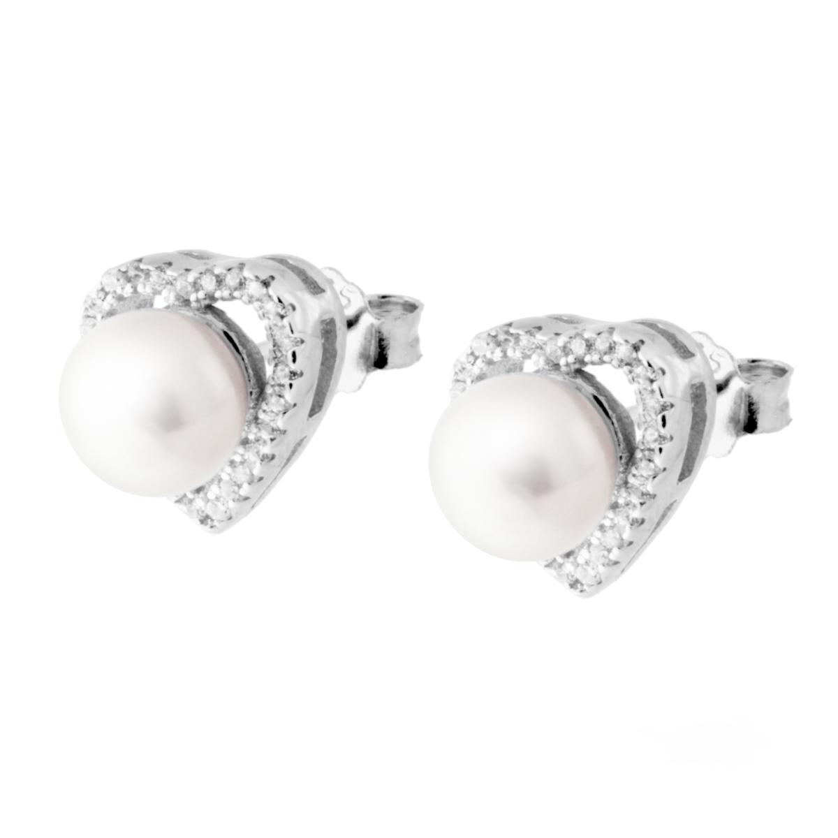 Orecchini Cuore con Perla di fiume e Zirconi Bianchi in ARGENTO 925 Galvanica Rodio