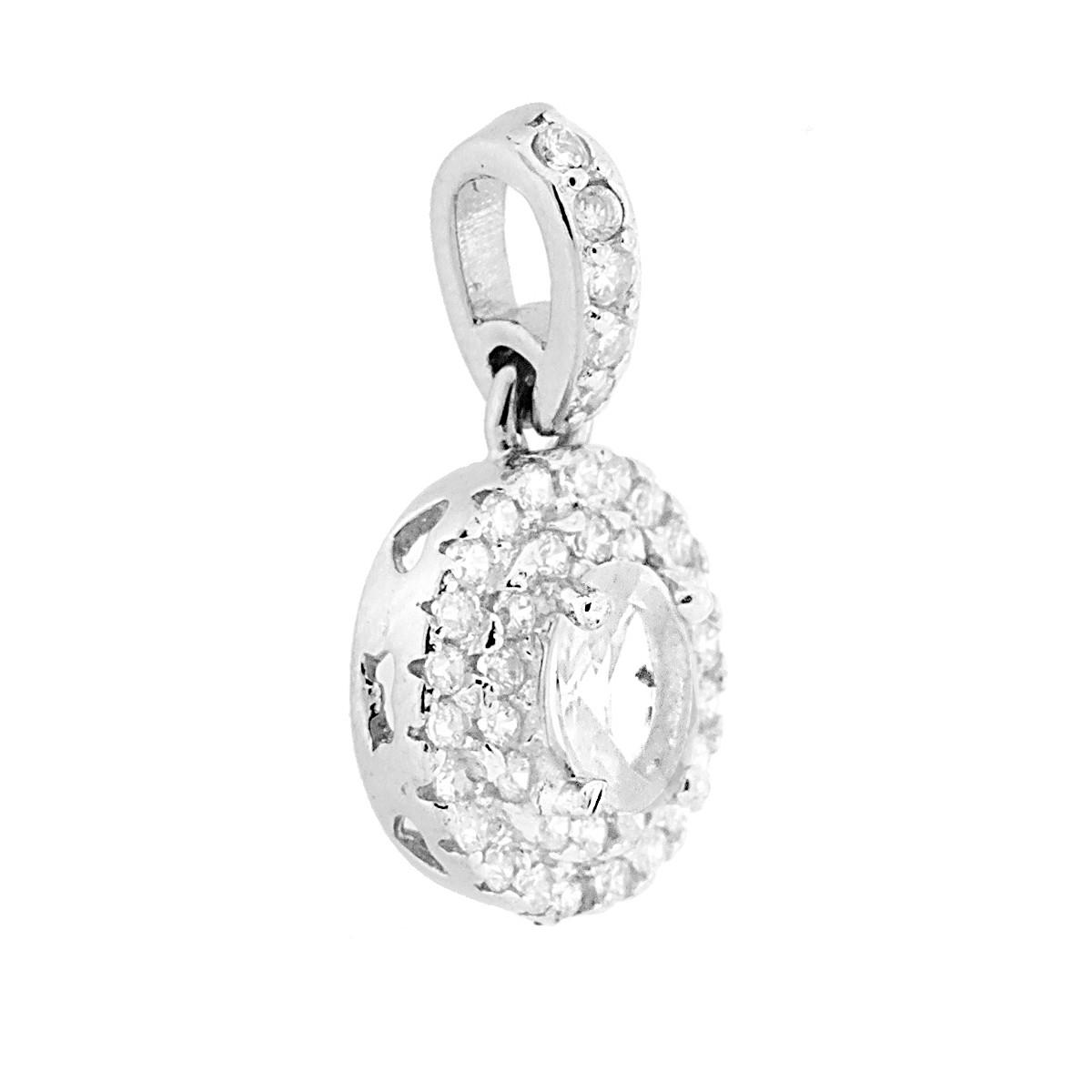 Ciondolo Zircone Ovale Bianco contornato da Zirconi Bianchi in ARGENTO 925 Galvanica Rodio