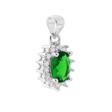 Ciondolo con Zircone Ovale Verde Smeraldo contornato con Zirconi Bianchi in ARGENTO 925 Galvanica Rodio