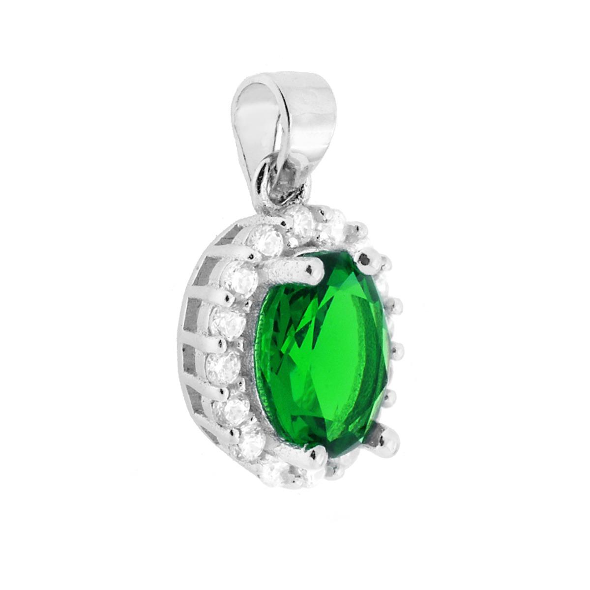Ciondolo con Zircone Ovale Verde Smeraldo contornato con Zirconi Bianchi in ARGENTO 925 Galvanica Rodio