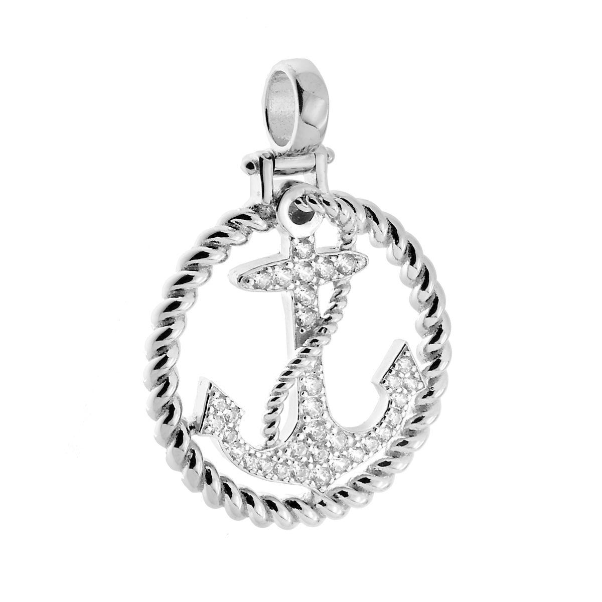 Ciondolo Ancora con Cubic Zirconia Bianchi in ARGENTO 925 Galvanica Rodio